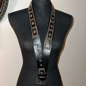 Black Unisex Vegan Leather Silver Tone Skulls and Studded Accents Large Belt